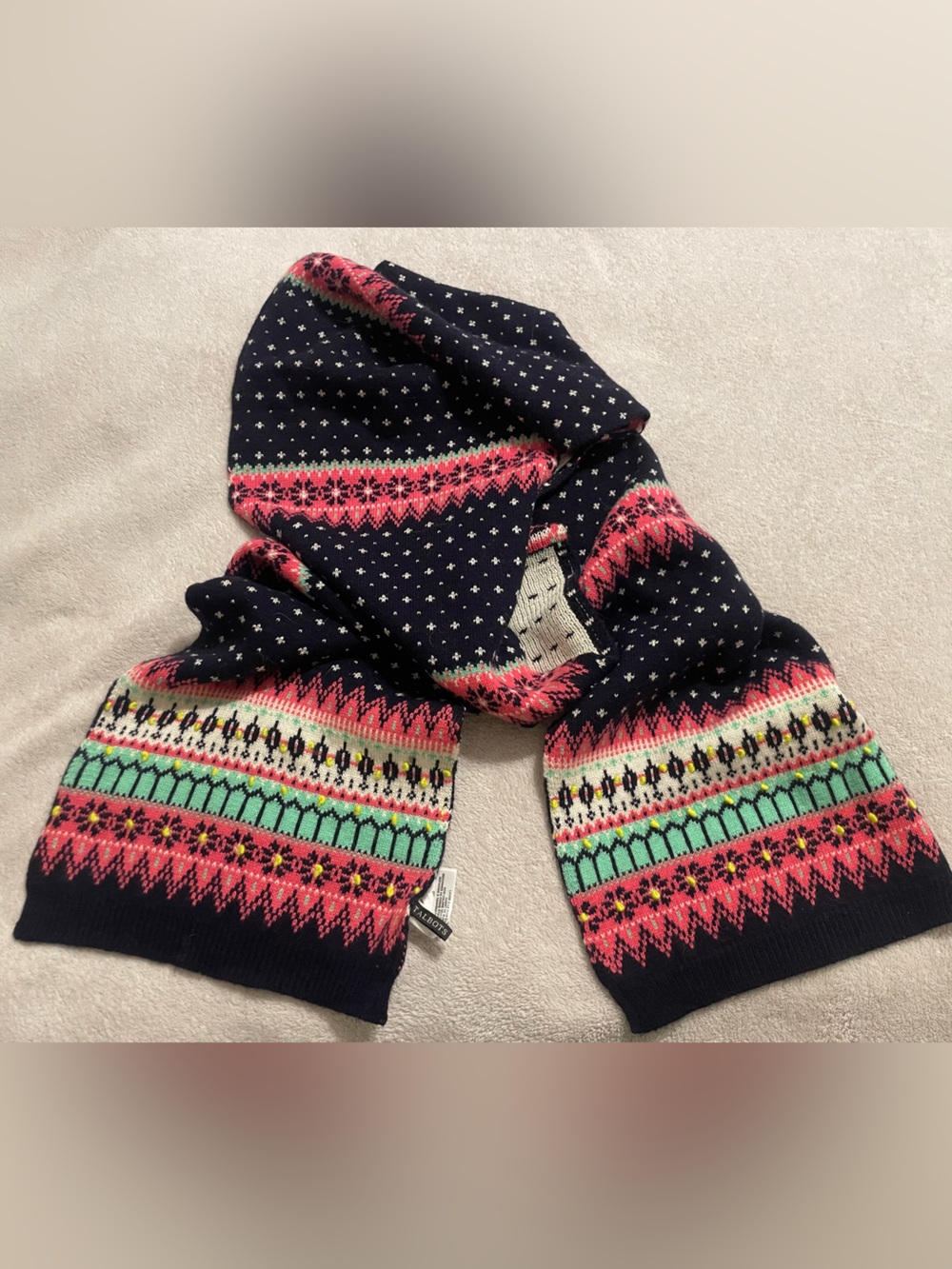 Talbots Navy Fair Isle Knit Scarf with Pink and Mint Accents soft wool blend